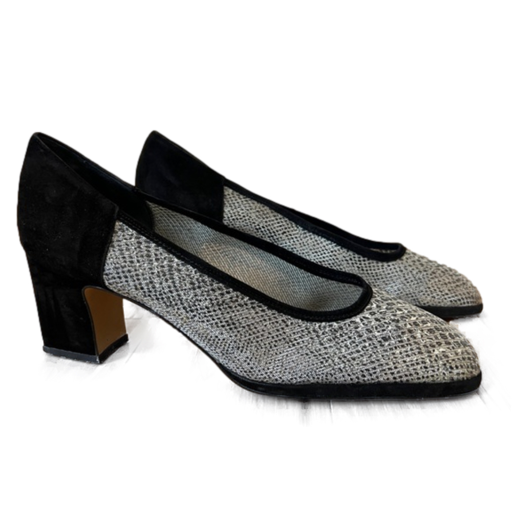Amalfi Italy Unique Black Suede & Silver Reptile Mesh Pumps Women’s Size 8 AA - Picture 1 of 9